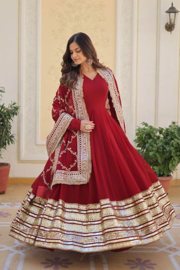 Fancy Fabric Maroon Color Party Wear Stylish Readymade Gown With Dupatta