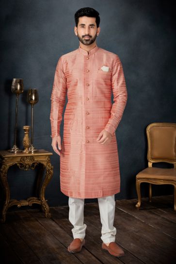 Rust Gorgeous Slub Jacquard Fabric Wedding Wear Readymade Indo Western Suit For Men
