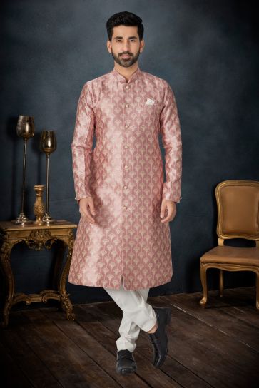 Banarasi Jacquard Stunning Pink Color Wedding Wear Readymade Men Indo Western Suit