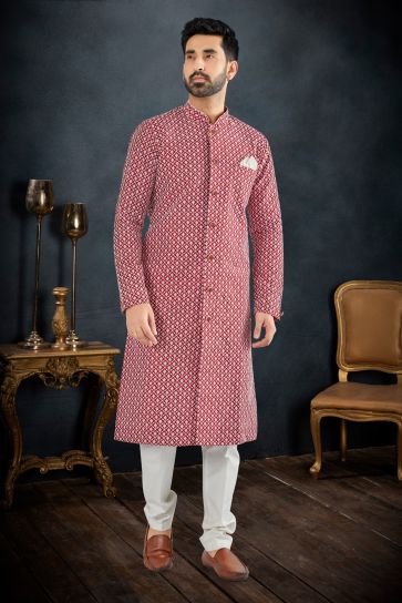 Lucknowi Maroon Festive Wear Readymade Lovely Indo Western Suit For Men
