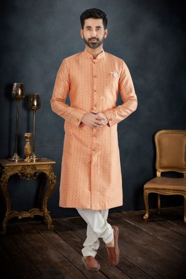 Peach Pretty Banarasi Jacquard Fabric Wedding Wear Readymade Men Indo Western Suit