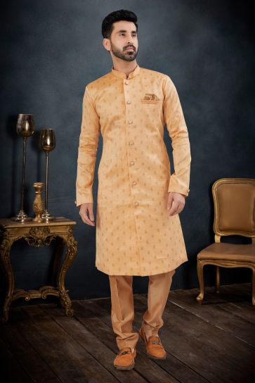 Banarasi Jacquard Peach Wedding Wear Attractive Readymade Men Indo Western Suit
