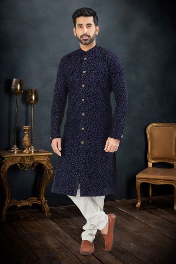 Velvet Navy Blue Wedding Wear Readymade Glamorous Indo Western Suit For Men