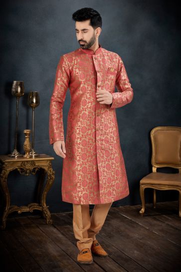 Pink Banarasi Jacquard Graceful Readymade Men Indo Western Suit