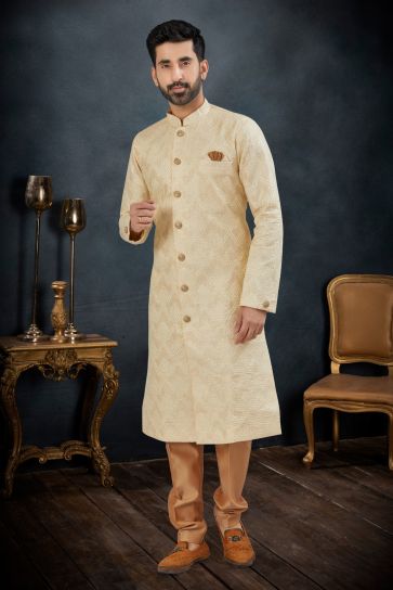 Lucknowi Beige Magnificent Readymade Men Indo Western Suit