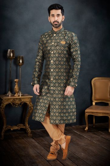 Green Color Banarasi Jacquard Fabric Readymade Men Indo Western Suit