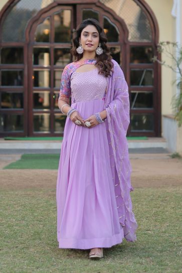 Lavender Color Captivating Readymade Gown With Dupatta In Georgette Fabric
