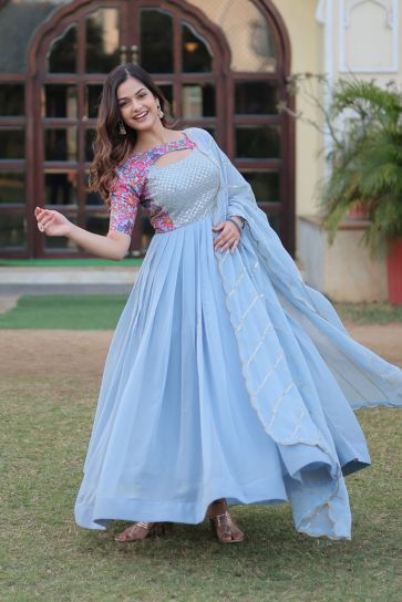 Georgette Fabric Sky Blue Color Ingenious Readymade Gown With Dupatta