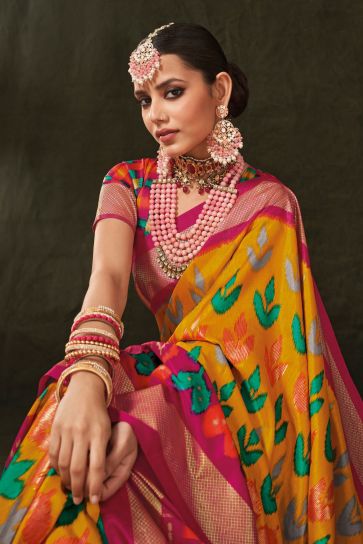 Printed Work On Art Silk Fabric Bewitching Saree In Mustard Color