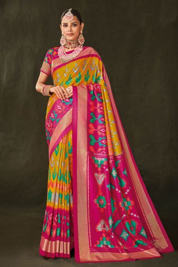 Printed Work On Art Silk Fabric Bewitching Saree In Mustard Color