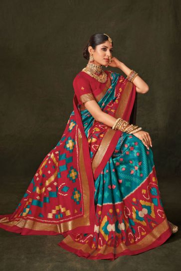 Cyan Color Art Silk Fabric Coveted Saree With Printed Work