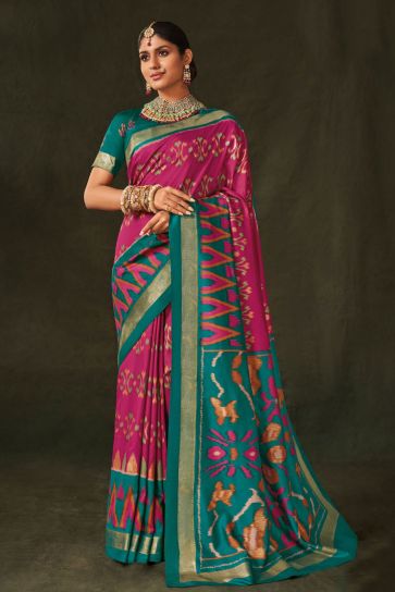 Excellent Art Silk Fabric Rani Color Saree With Printed Work