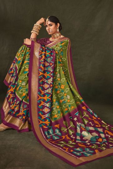 Art Silk Fabric Green Color Pleasance Saree With Printed Work