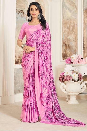 Tempting Crepe Silk Fabric Pink Color Saree With Printed Work