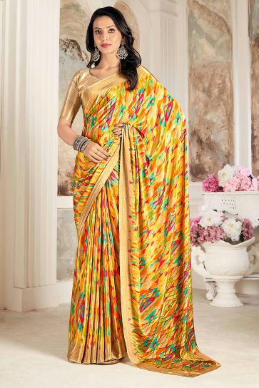 Crepe Silk Fabric Yellow Color Delicate Saree With Printed Work
