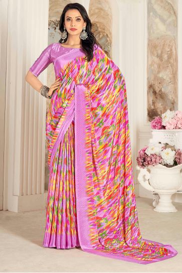 Engaging Pink Color Crepe Silk Fabric Saree With Printed Work
