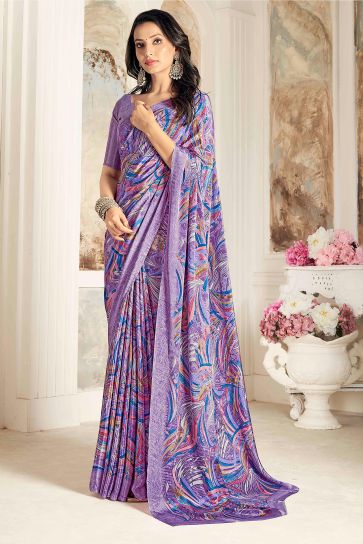 Purple Color Printed Work On Crepe Silk Fabric Chic Saree