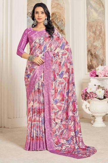 Beguiling Printed Work On Pink Color Crepe Silk Fabric Saree