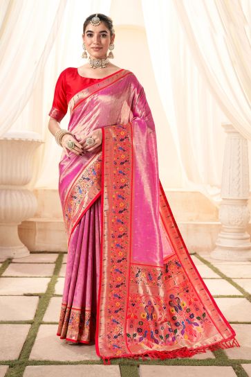 Pink Color Printed Work Brilliant Handloom Saree In Festive Wear