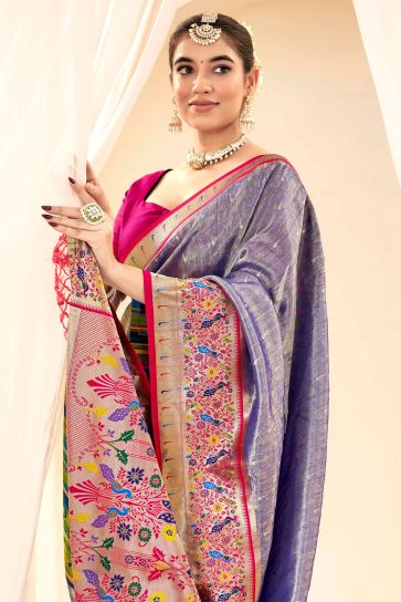 Lavender Color Glorious Handloom Saree With Printed Work