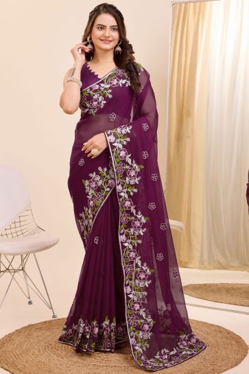 Embroidered Work Imposing Festive Wear Art Silk Saree In Wine Color