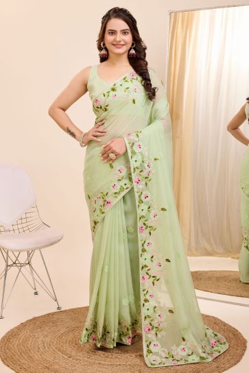 Embroidered Work Soothing Festive Wear Art Silk Saree In Sea Green Color