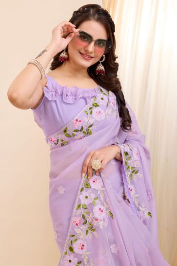 Lavender Color Glorious Festive Wear Art Silk Saree With Embroidered Work
