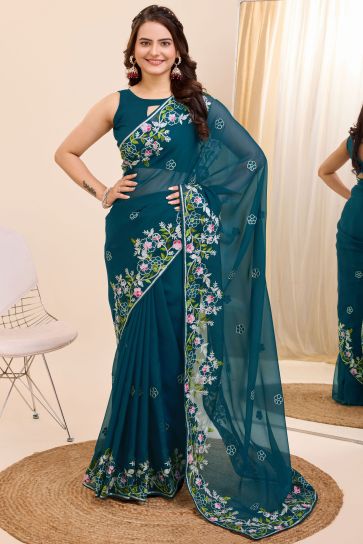 Delicate Teal Color Embroidered Work Festive Wear Art Silk Saree