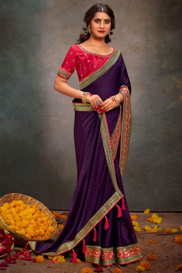 Ingenious Border Work Purple Color Satin Fabric Saree 