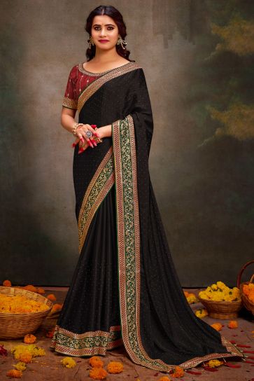 Fashionable Black Color Border Work Satin Fabric Saree 