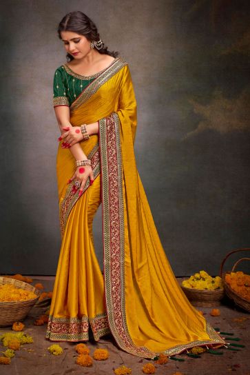 Embellished Mustard Color Border Work Satin Fabric Saree 