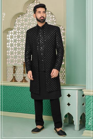 Black Velvet Fabric Trendy Readymade Nawabi Style Indo Western For Men