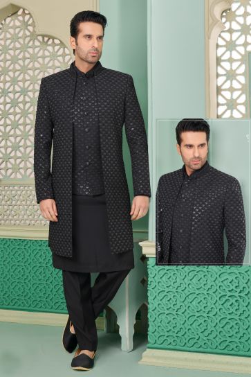 Black Royal Banarasi Silk Fabric Readymade Nawabi Style Indo Western