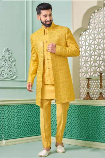 Banarasi Silk Stunning Yellow Color Readymade Nawabi Style Indo Western