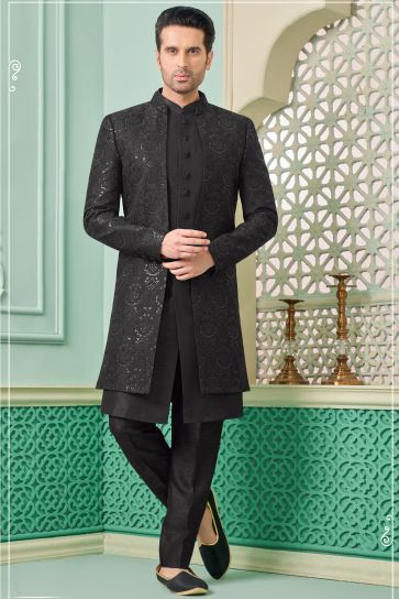 Banarasi Silk Black Readymade Blazing Nawabi Style Indo Western