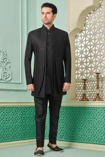 Black Alluring Banarasi Silk Fabric Readymade Nawabi Style Indo Western