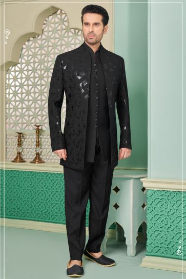 Banarasi Silk Beautiful Black Color Readymade Nawabi Style Indo Western