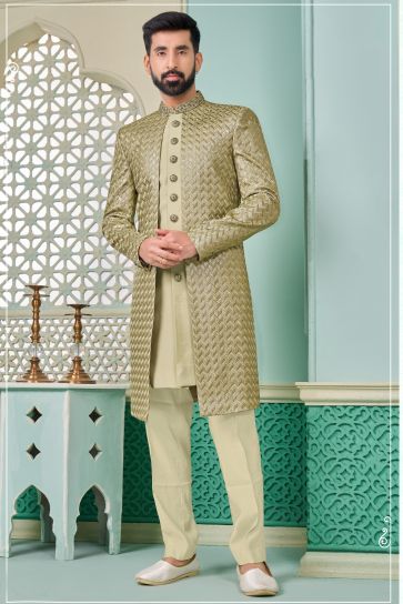 Green Color Banarasi Silk Fabric Readymade Nawabi Style Indo Western