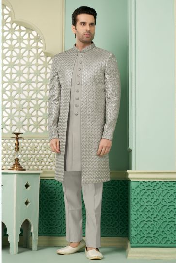 Grey Color Readymade Banarasi Silk Fabric Nawabi Style Indo Western