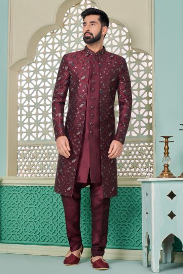 Banarasi Silk Fabric Readymade Maroon Color Nawabi Style Indo Western