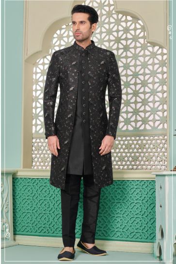 Black Banarasi Silk Fabric Readymade Nawabi Style Indo Western