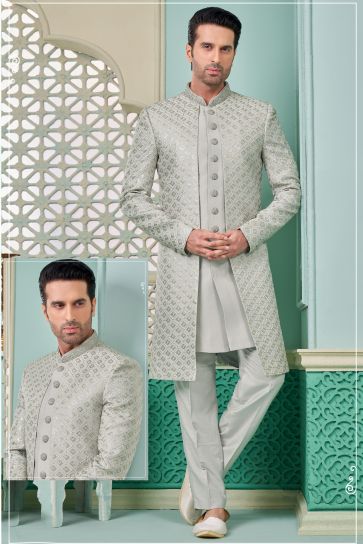 Banarasi Silk Grey Color Readymade Nawabi Style Indo Western