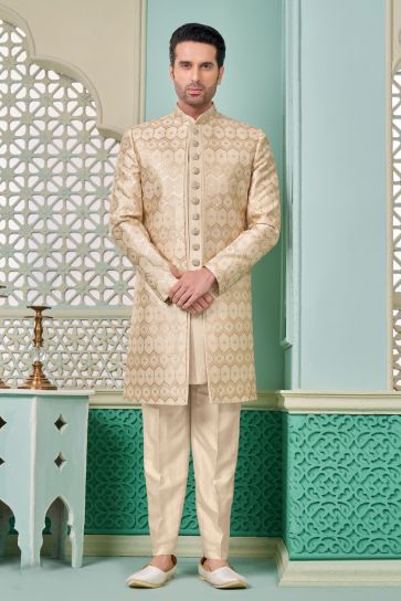 Banarasi Silk Fabric Beige Color Trendy Readymade Nawabi Style Indo Western