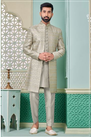 Grey Color Banarasi Silk Fabric Designer Readymade Nawabi Style Indo Western