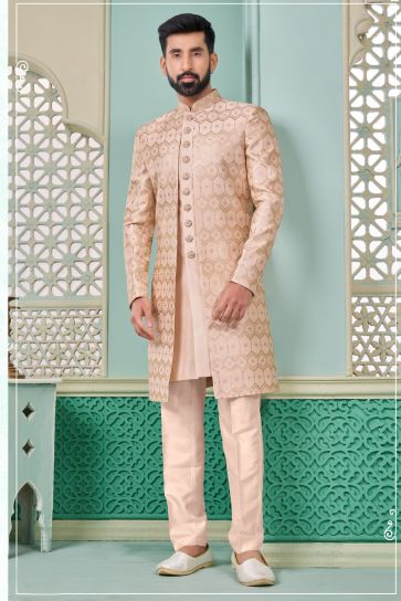 Appealing Pink Color Banarasi Silk Fabric Readymade Indo Western For Men