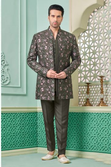 Dark Brown Color Engaging Banarasi Silk Fabric Readymade Nawabi Style Indo Western