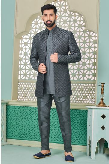 Grey Color Banarasi Silk Fabric Captivating Readymade Indo Western For Men
