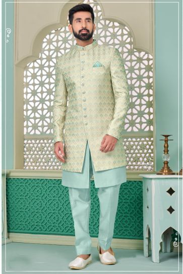 Sea Green Color Vintage Banarasi Silk Readymade Indo Western For Men