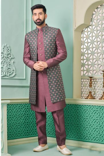 Wine Color Banarasi Silk Fabric Striking Readymade Nawabi Men's Sherwani