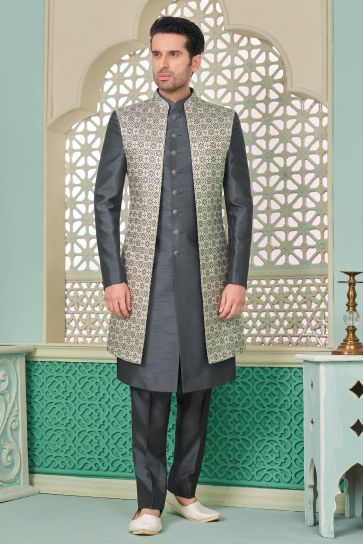 Grey Stunning Banarasi Silk Fabric Readymade Nawabi Men's Sherwani